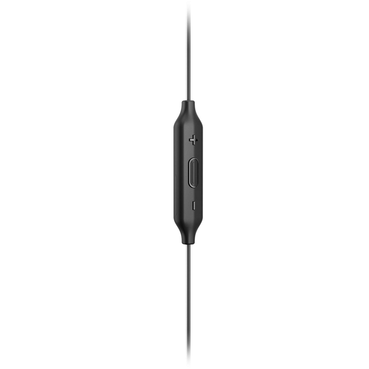 Control de auriculares intrauditivos negros con botones de volumen. Dos cables se extienden hacia arriba y hacia abajo.