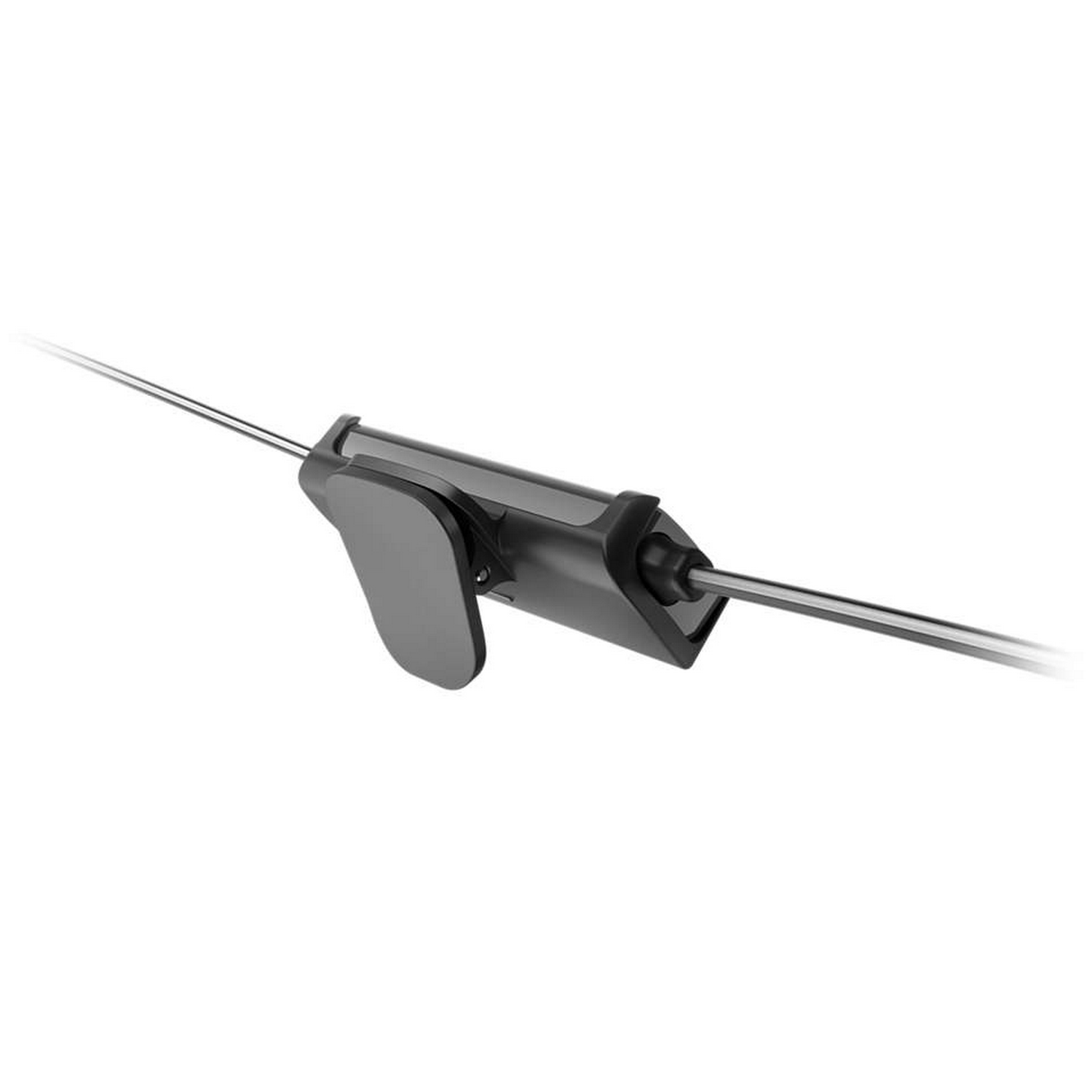 Cabezal de detector de metales negro con mango gris sobre fondo blanco.