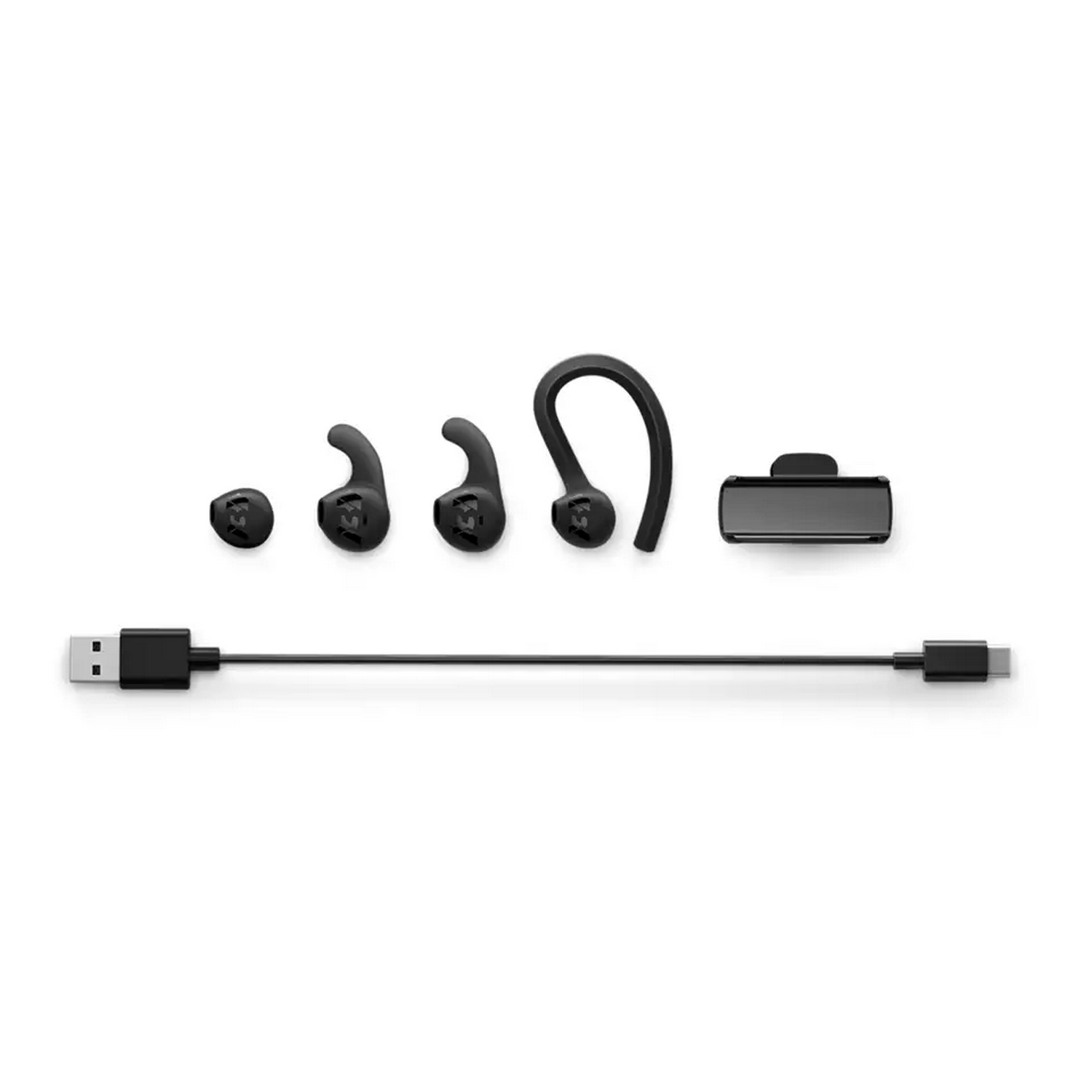 Conjunto de auriculares negros. Incluye auriculares, ganchos, funda de carga y cable USB.
