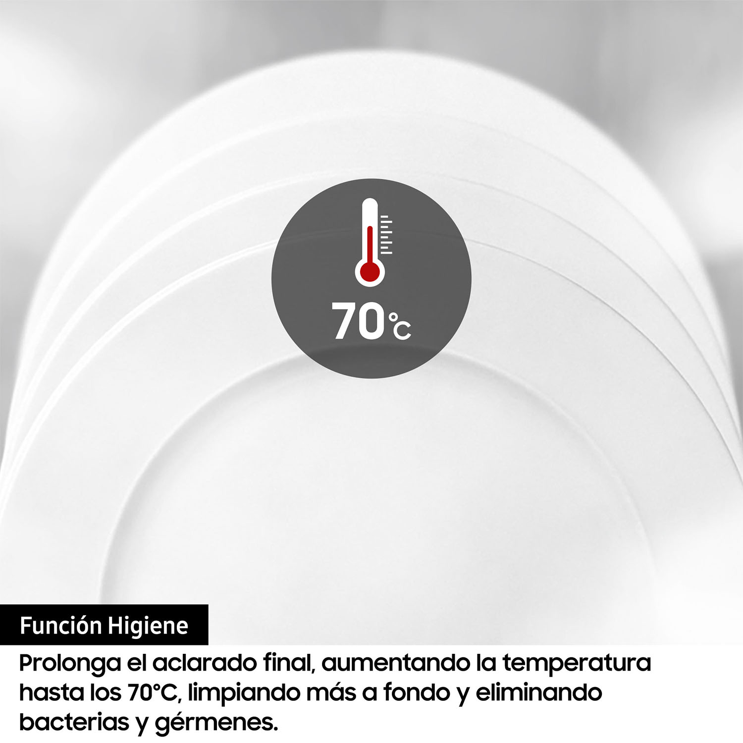 Platos blancos, icono de termómetro con '70°C' encima, texto función higiene en español debajo.