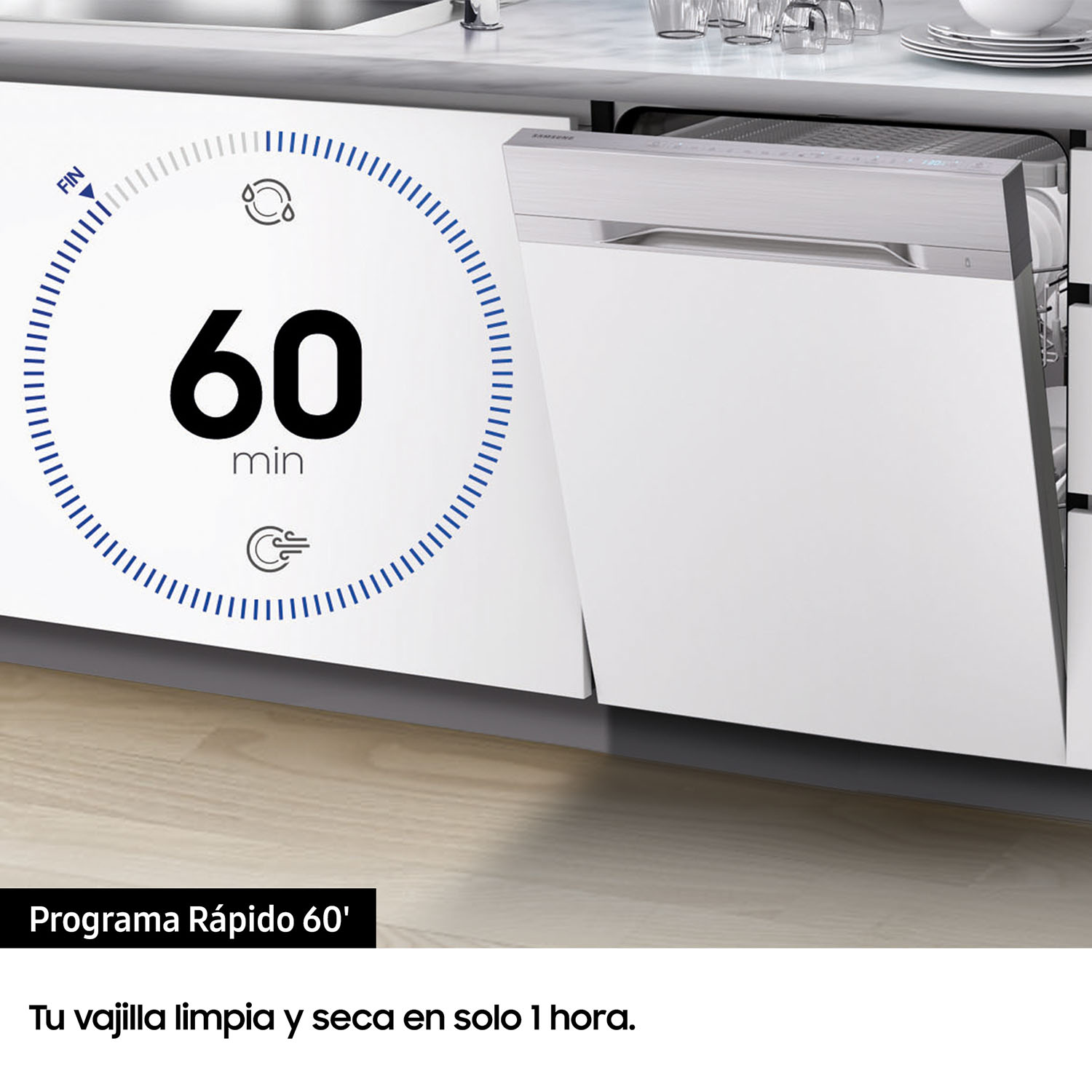 Un lavavajillas blanco con un temporizador de cuenta regresiva y texto en español: “Tu vajilla limpia y seca en 1 hora”.