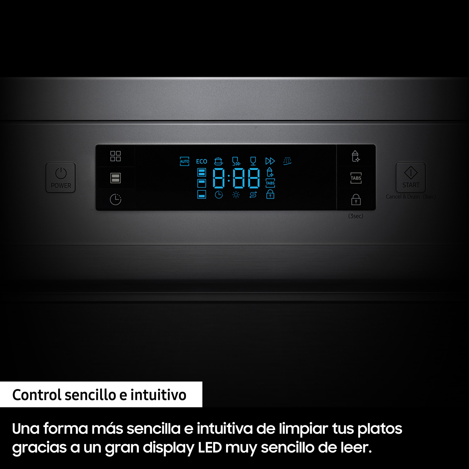 Panel de control del lavavajillas con pantalla y botones con texto.
