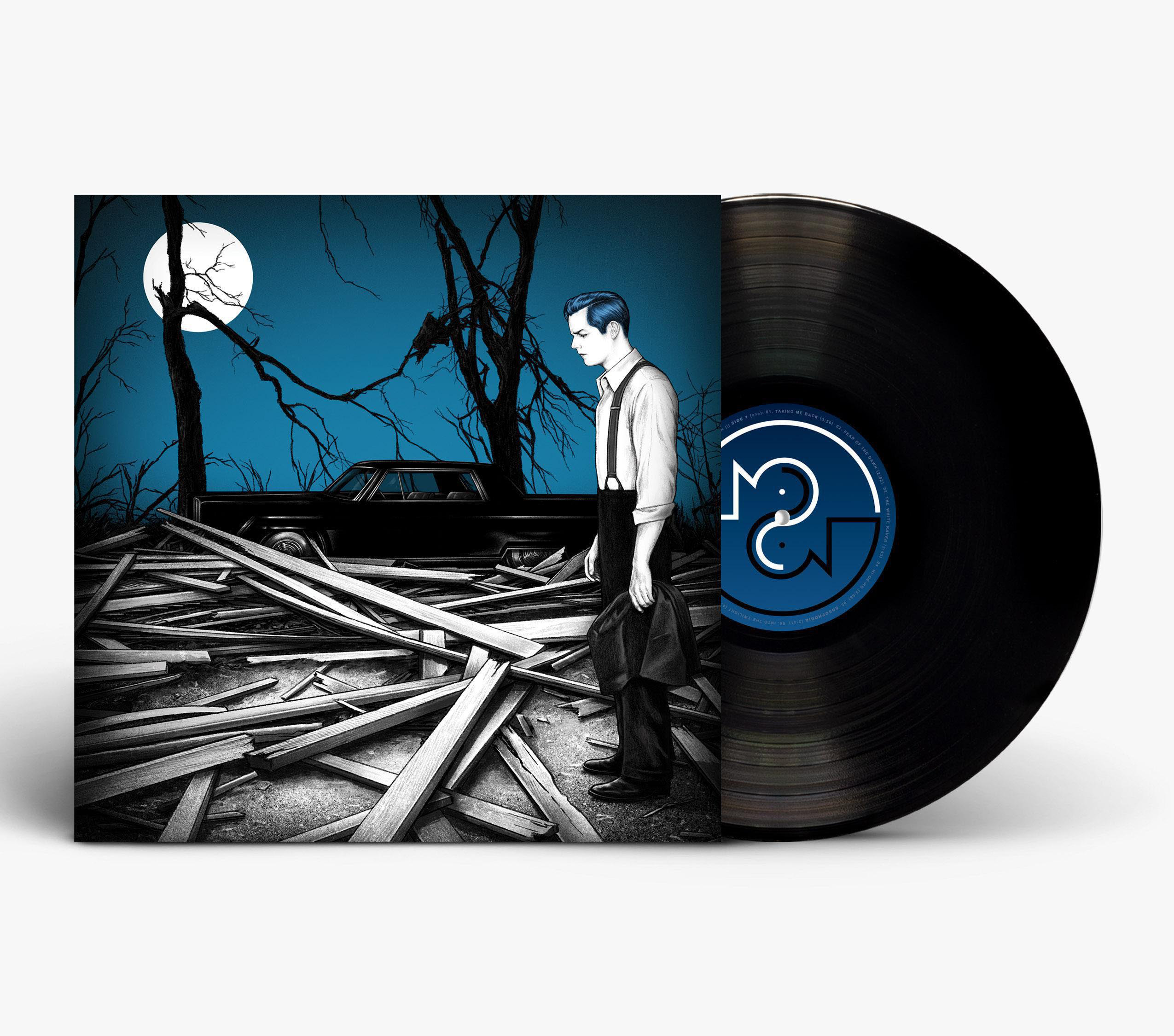 Albumcover von Jack Whites Album mit ihm neben einem zerstörten Fahrzeug.