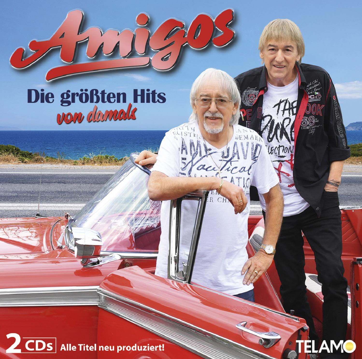 Albumcover: Zwei Männer vor einem roten Auto. Text: Amigos, Die größten Hits...