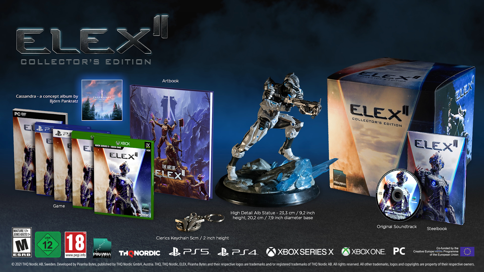 ELEX II Collector's Edition-Spielset mit verschiedenen Artikeln, darunter eine Figur und Spielehüllen.