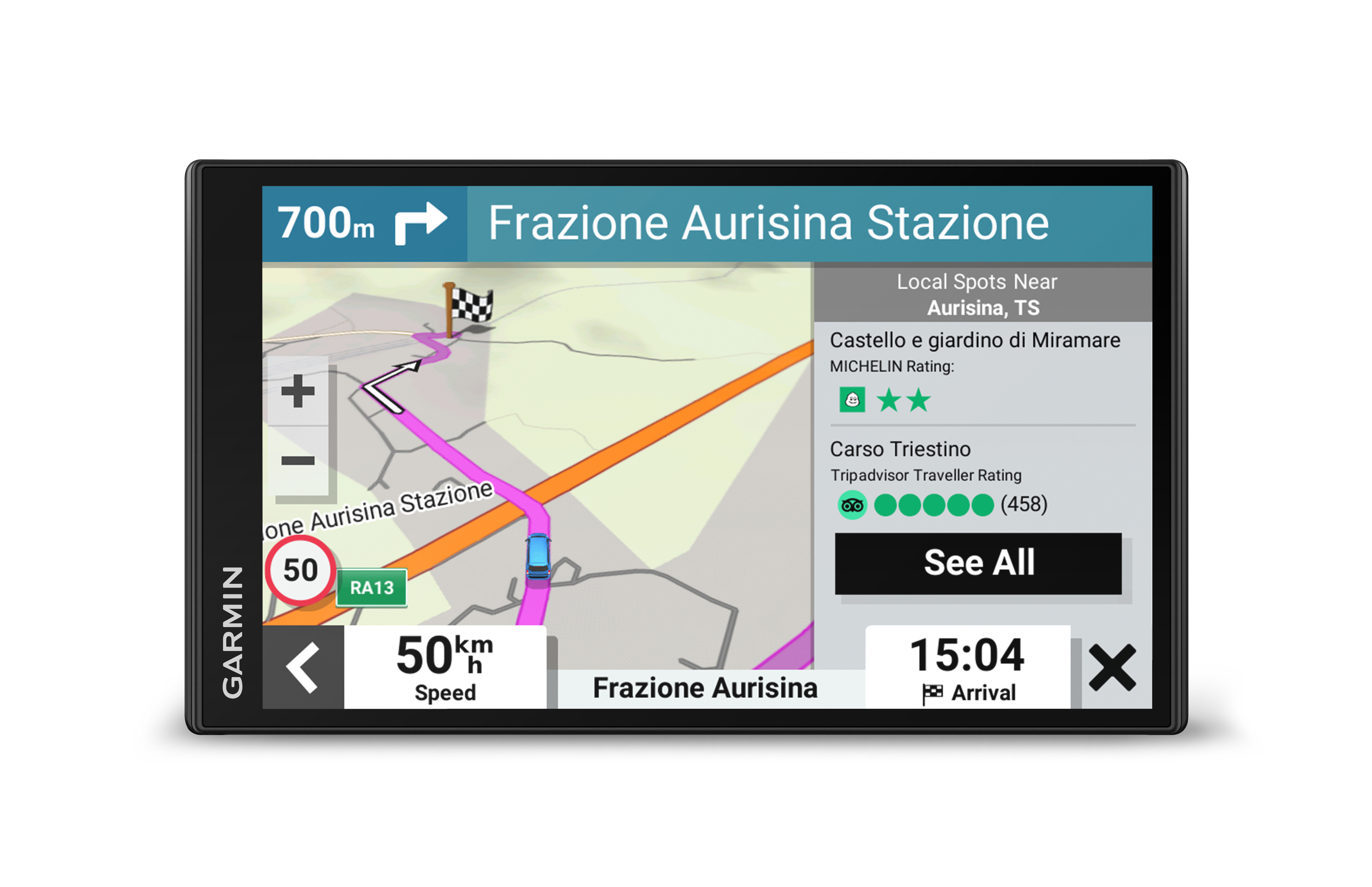 GPS-Gerät-Bildschirm mit Karte, Route, Straßennamen und Geschwindigkeitsbegrenzung.