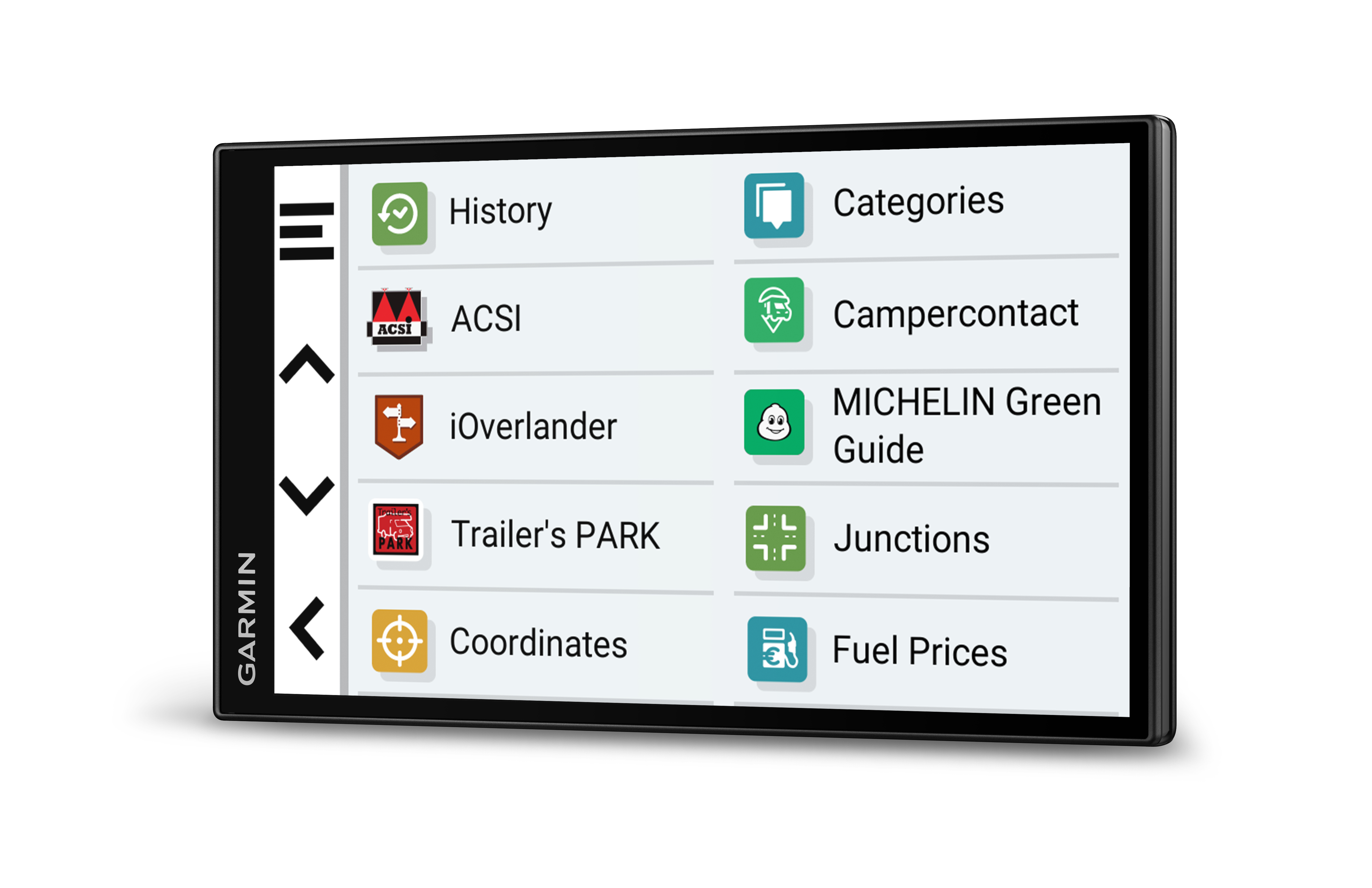 Ein schwarzes Garmin-GPS-Gerät, das mehrere Menüoptionen anzeigt.