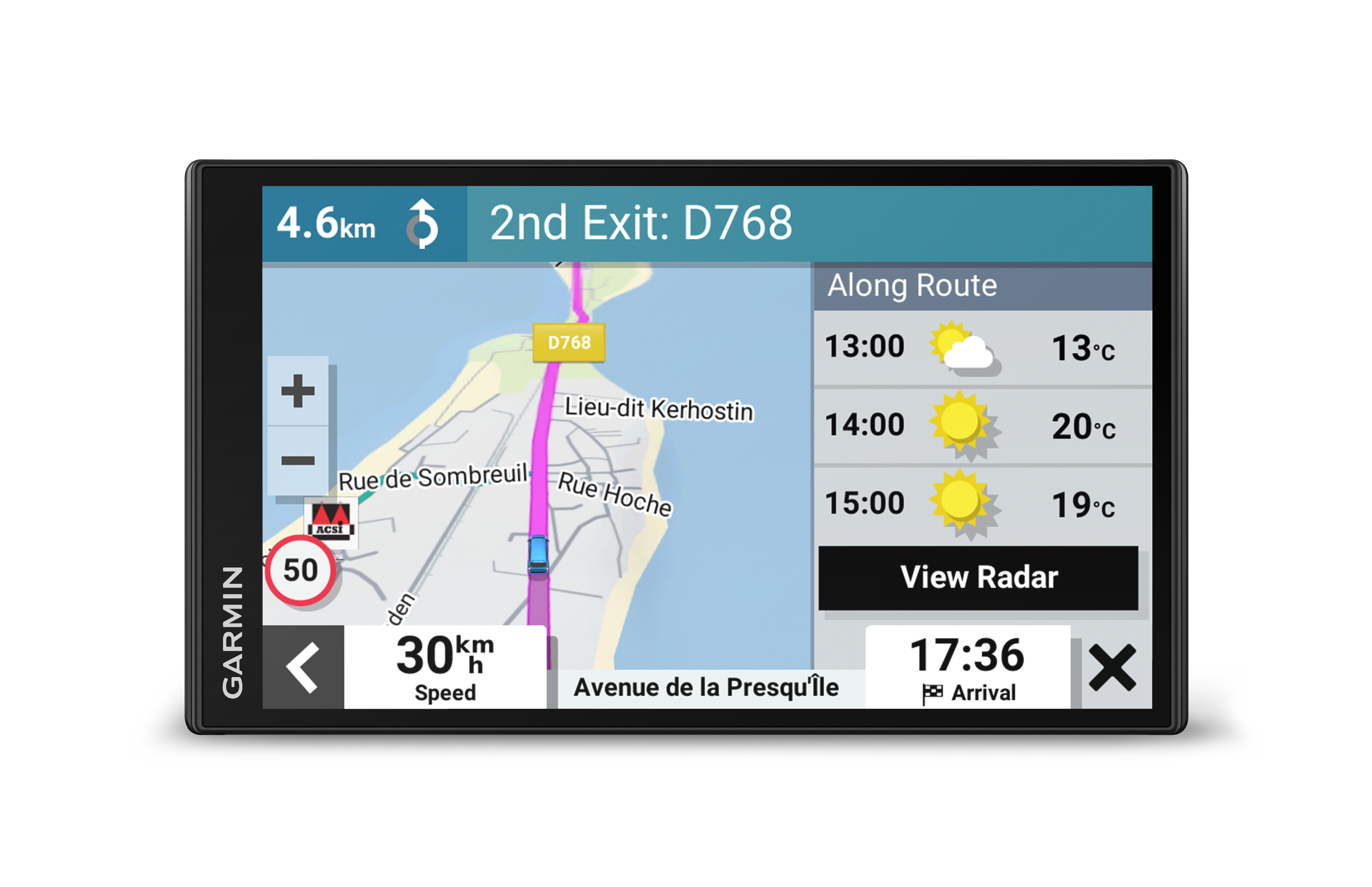 Garmin GPS-Gerät mit einer Karte und Navigationsdetails. Der Bildschirm zeigt Route und Zeit an.