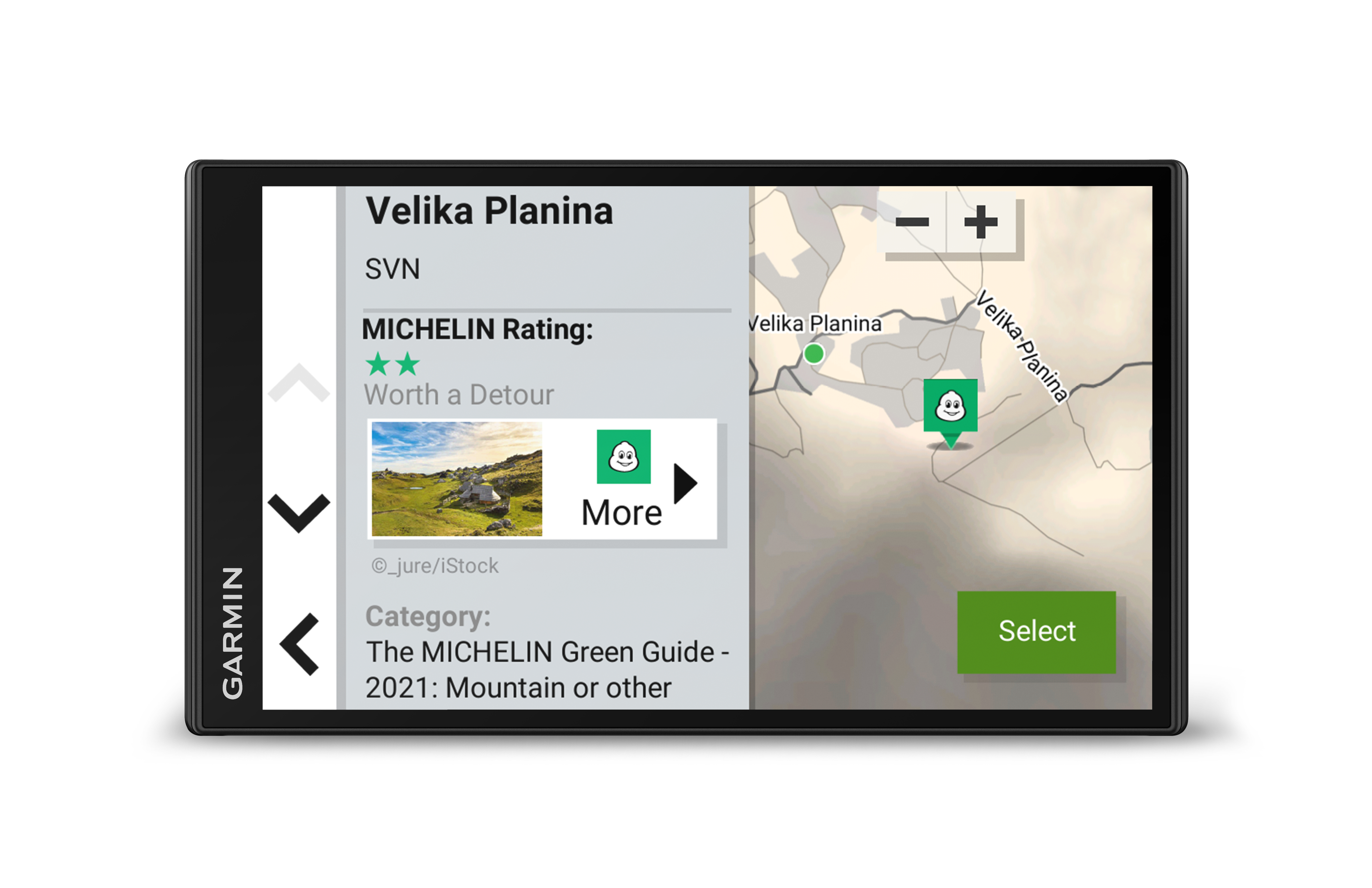 Garmin GPS-Gerät, das eine Karte mit Informationen zu einem Ort zeigt.