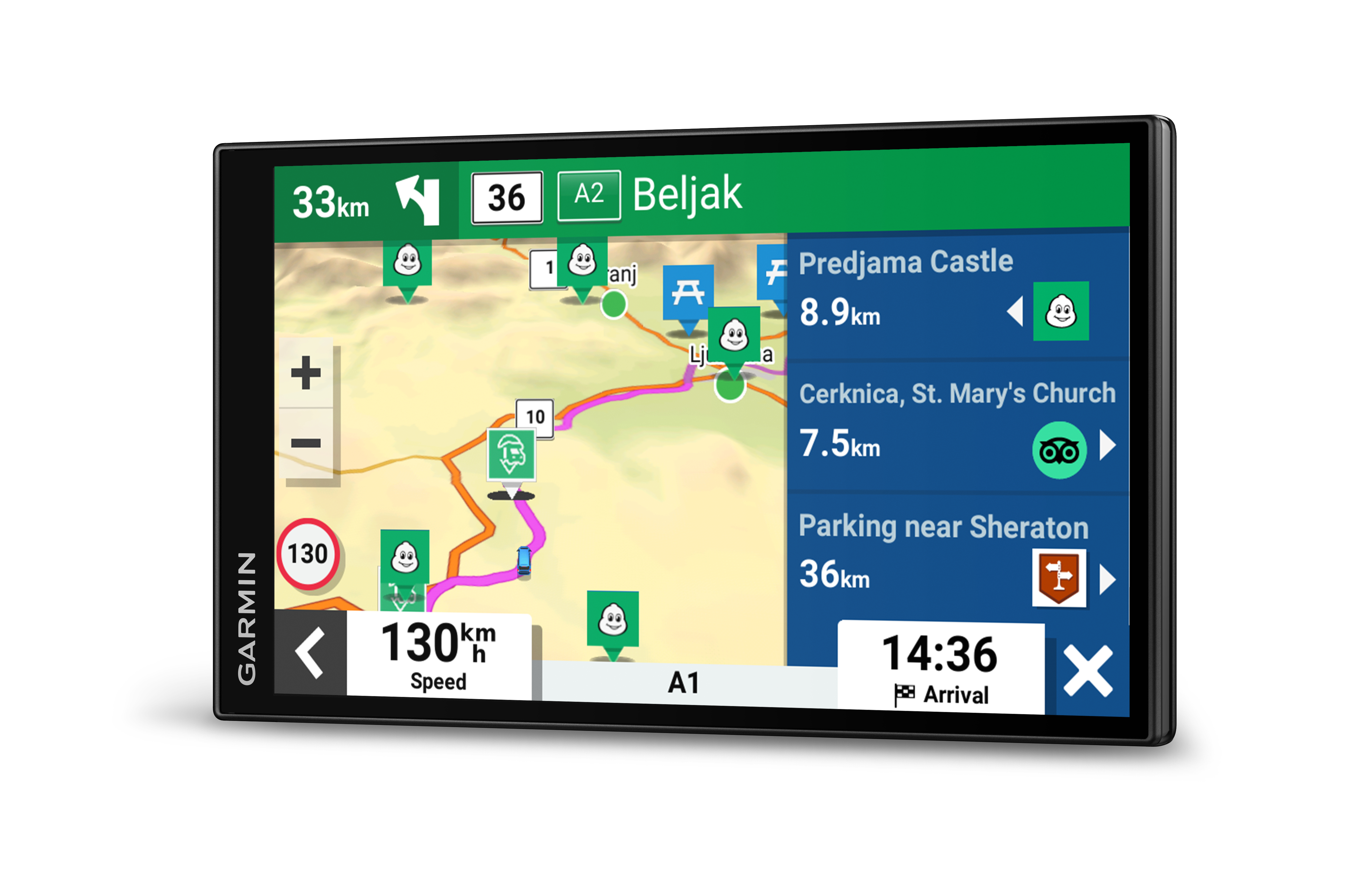 GPS-Gerät mit Karte, Route, Zielen und Navigationssymbolen.