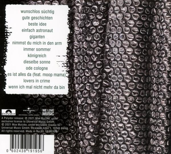 Albumcover mit Text auf einem Luftpolsterfolienhintergrund. Ein Barcode und ein Logo befinden sich unten.
