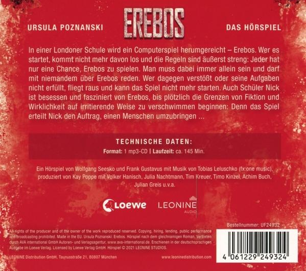 Buchcover: Erebos, von Ursula Poznanski, mit Text und dunklem, künstlerischem Design.
