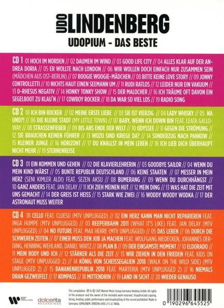 CD-Cover mit Trackliste von Udo Lindenberg. Es hat verschiedene Farben und Text mit Songtiteln.