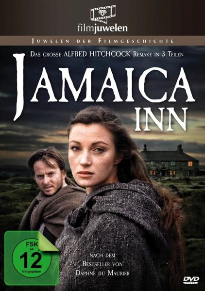 DVD-Cover. Ein Mann und eine Frau vor einem Haus. Titel: Jamaica Inn. Grüner und weißer Hintergrund.