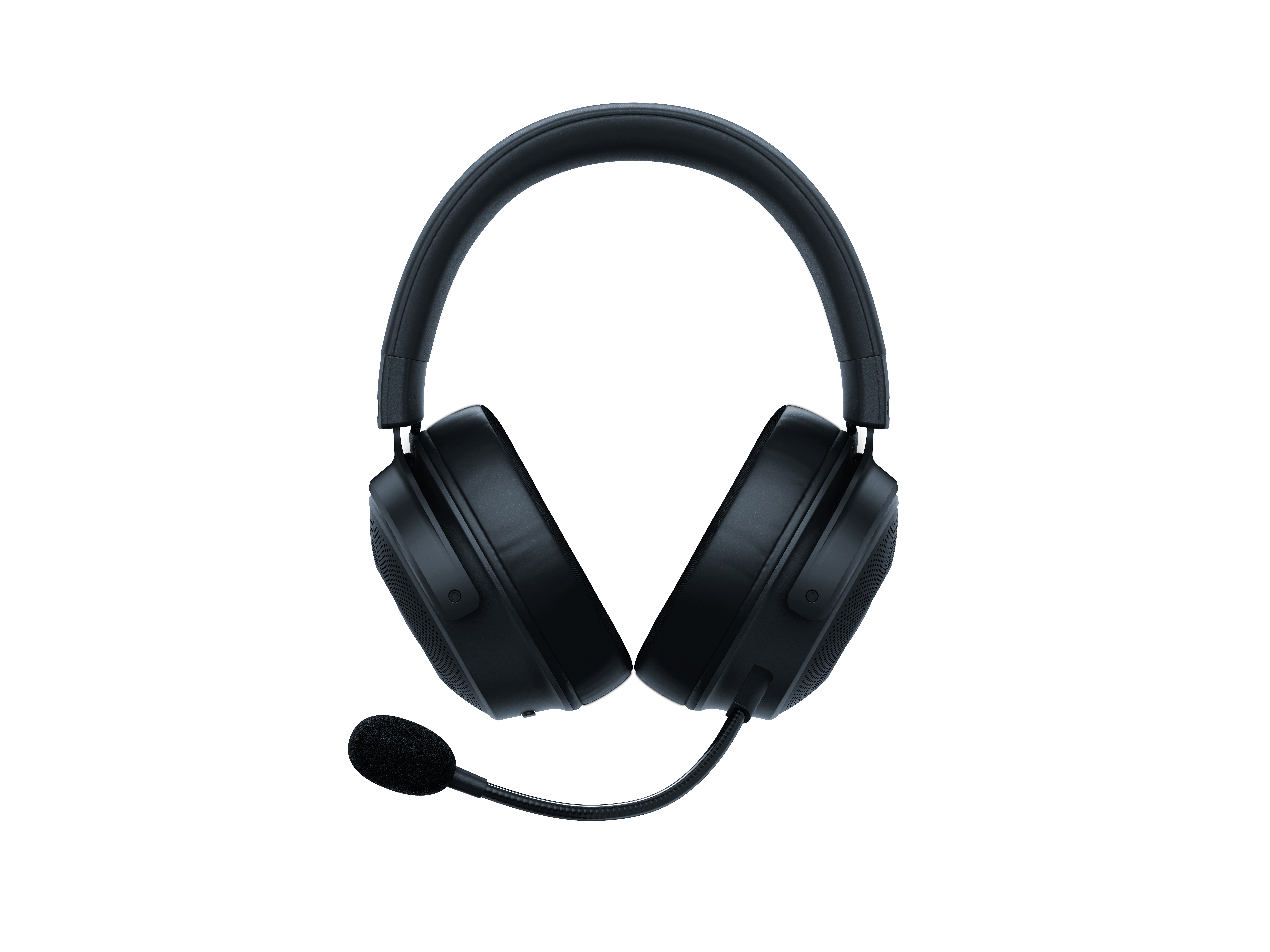 Schwarzes Gaming-Headset mit Mikrofon, isoliert auf weißem Hintergrund.