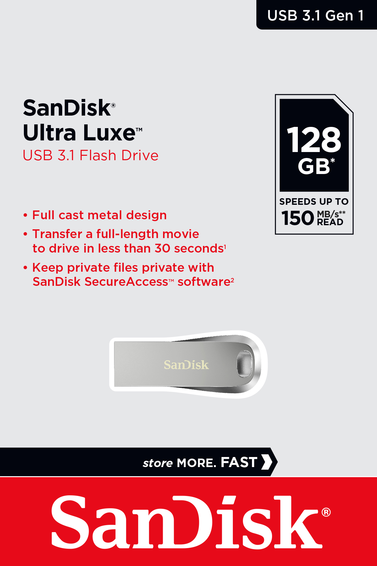 Gümüş bir USB flash sürücü, üzerindeki metinle bir kart ve beyaz üzerine kırmızı bir SanDisk logosu.