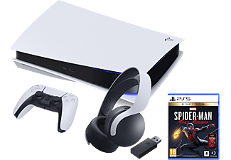 Consola - Sony PS5, 825 GB, 4K, HDR, Blanco + PS5 Spider-Man: Miles Morales Ultimate Edition + Sony Pulse 3D