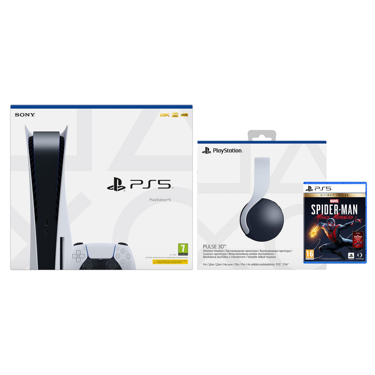 Consola - Sony PS5, 825 GB, 4K, HDR, Blanco + PS5 Spider-Man: Miles Morales Ultimate Edition + Sony Pulse 3D