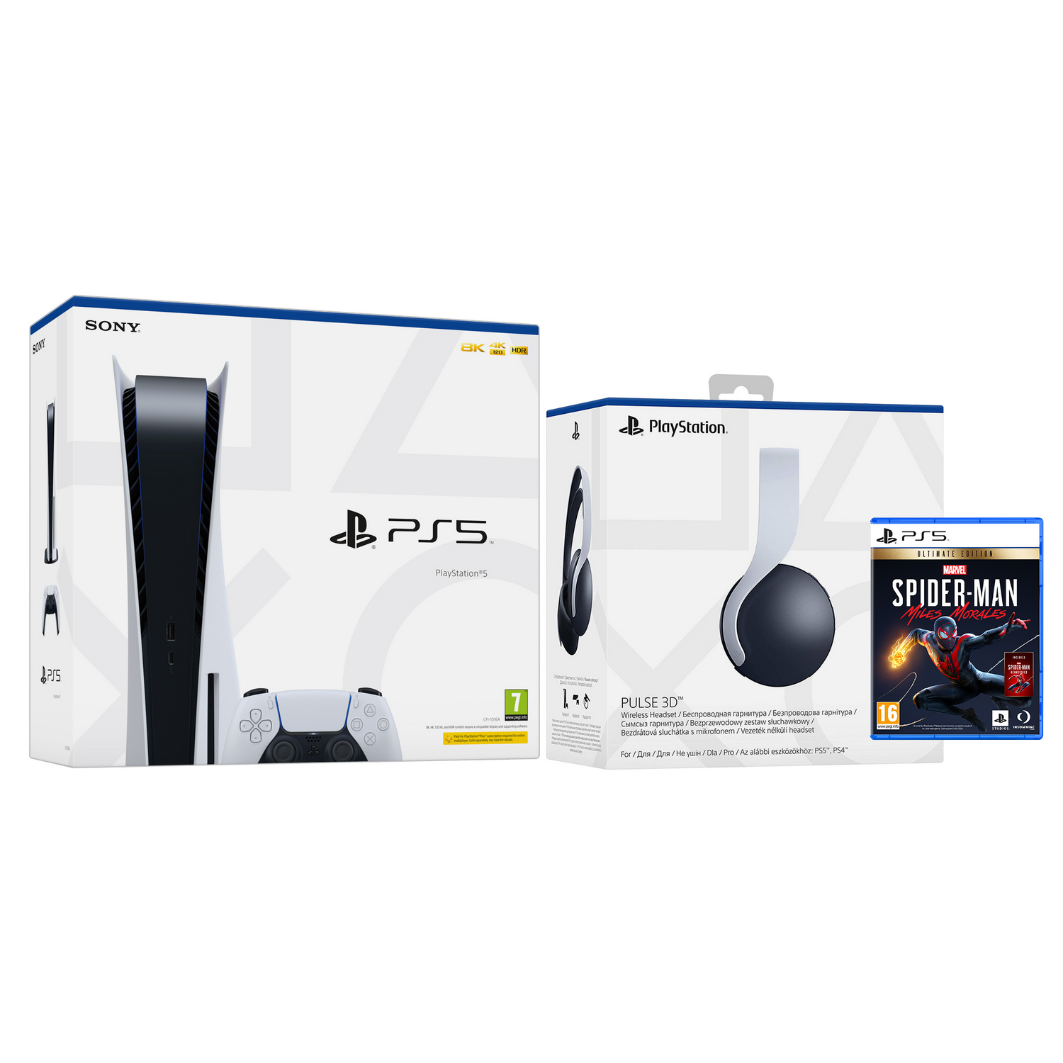 Consola - Sony PS5, 825 GB, 4K, HDR, Blanco + PS5 Spider-Man: Miles Morales Ultimate Edition + Sony Pulse 3D