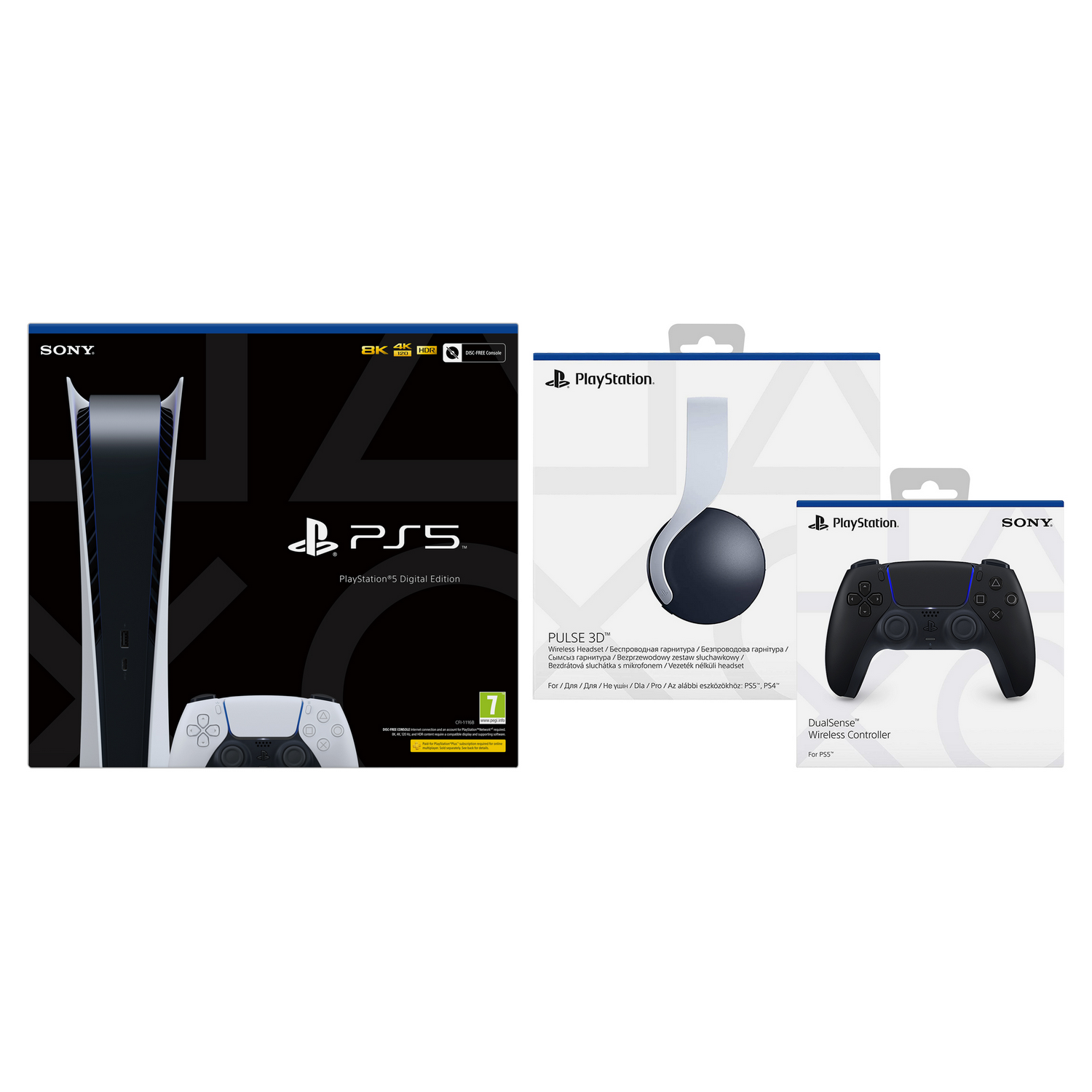 Consola - Sony PS5 Digital Edition, 825 GB, 4K, HDR, Blanco + Sony Pulse 3D + DualSense™ Wireless Controller