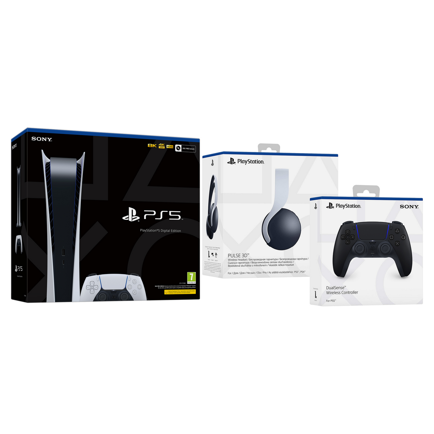 Consola - Sony PS5 Digital Edition, 825 GB, 4K, HDR, Blanco + Sony Pulse 3D + DualSense™ Wireless Controller