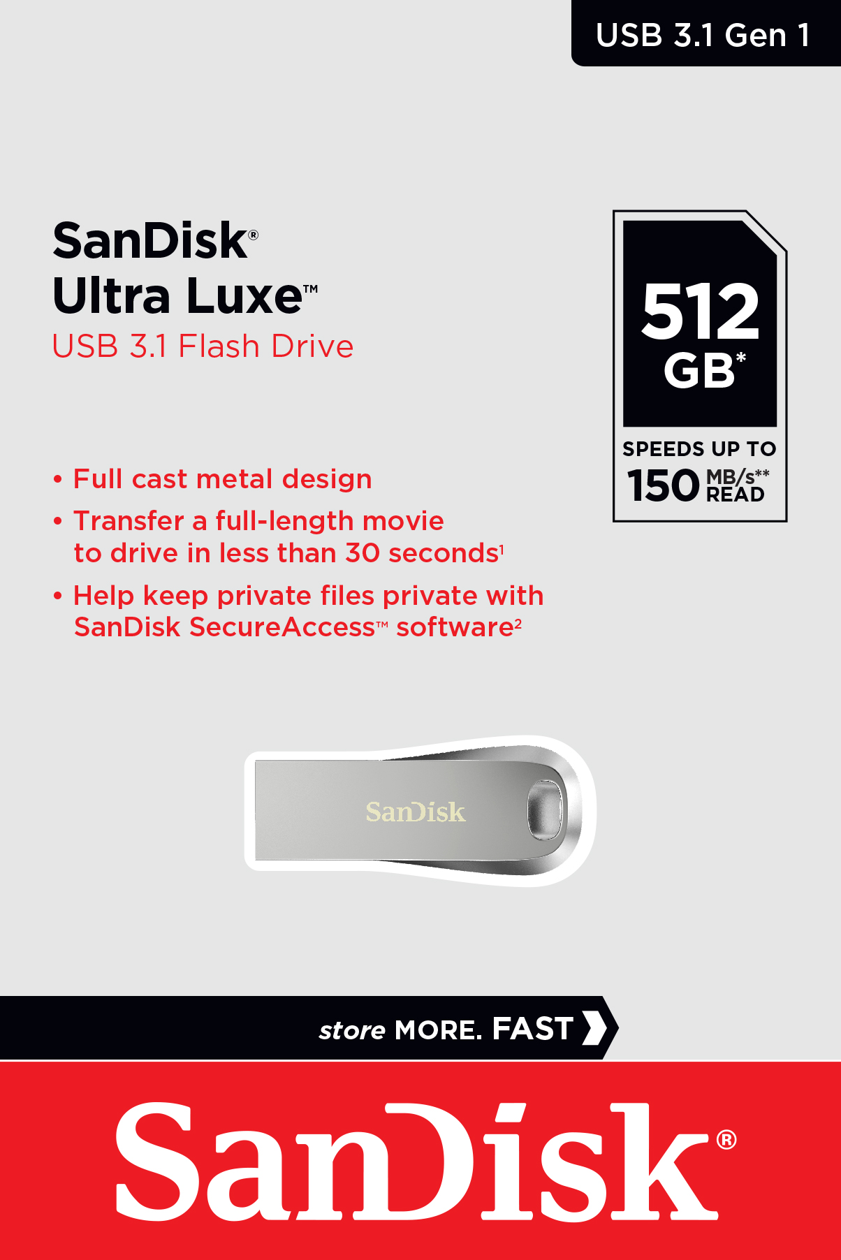Sandisk Ultra Luxe USB sürücü, gümüş, metin ve 512GB etiketi ile.
