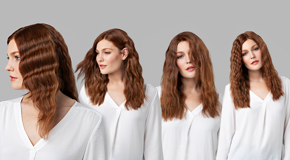 Cheveux de femme coiffés en plusieurs vagues. Différentes vues montrent différents styles.