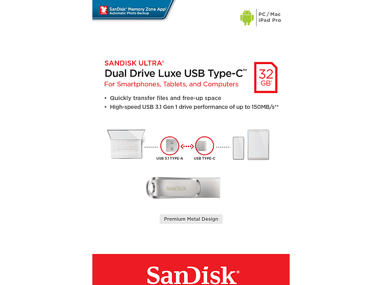 SANDISK Ultra Dual Drive Luxe USB Type-C 32GB USB 3.1 Gen 1 USB Bellek_4