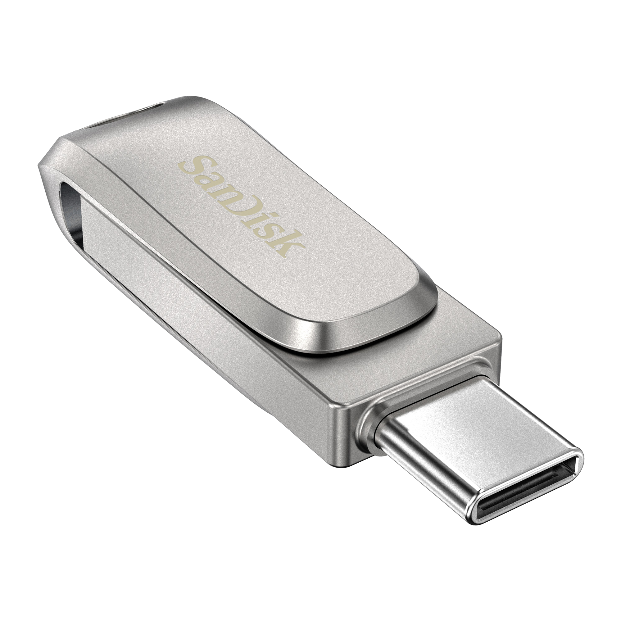 Metal klipsli gümüş SanDisk USB flash sürücü. Arka plan siyah.
