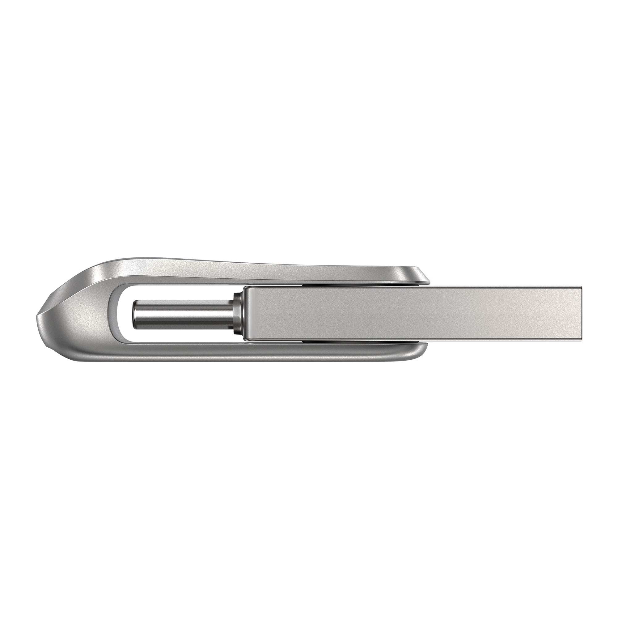 Gümüş USB flash sürücü, yatay görünüm. Kayar bir mekanizması var.