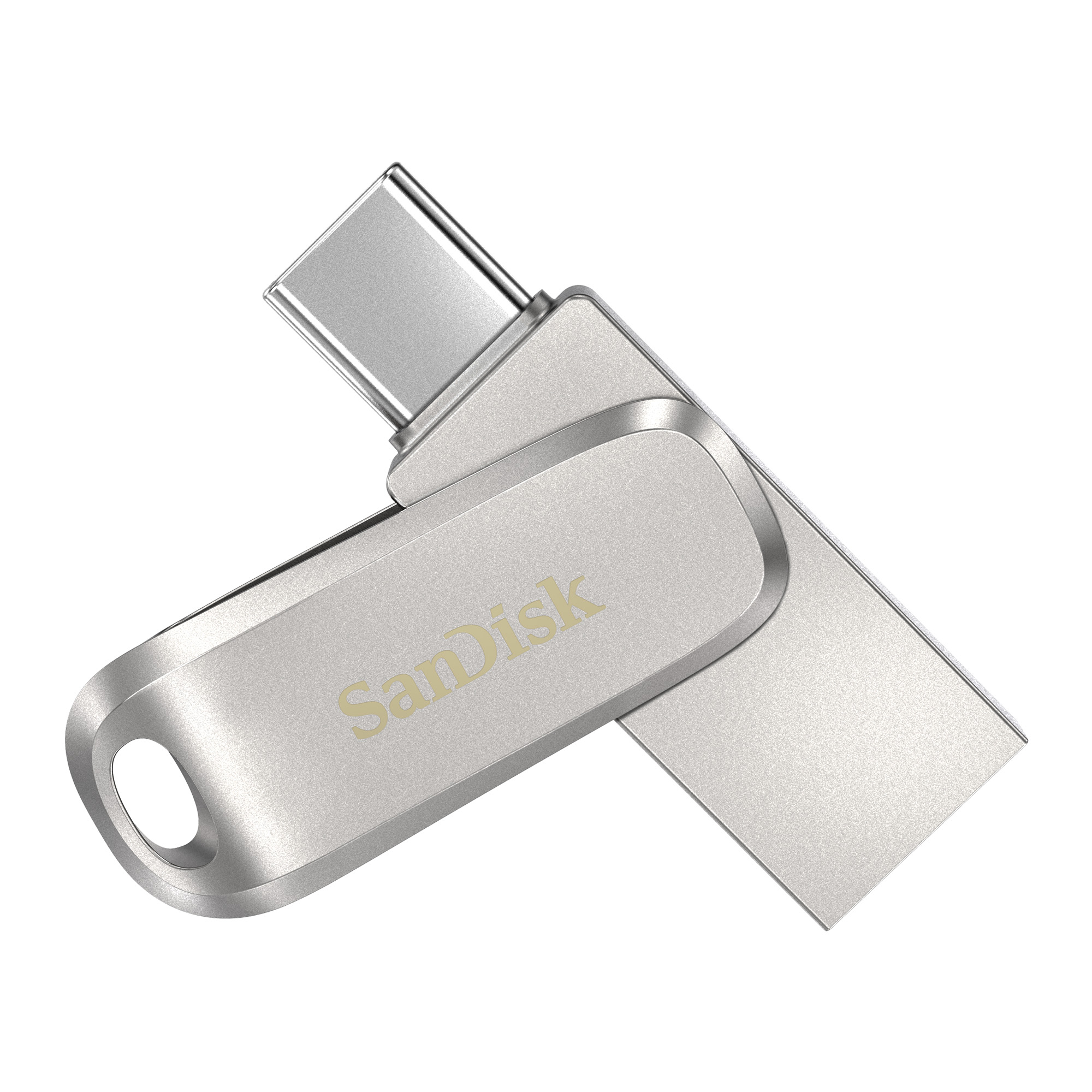 Gümüş USB-C sürücüsü açık. Üzerinde 'SanDisk' yazılı. Beyaz zemin üzerinde.