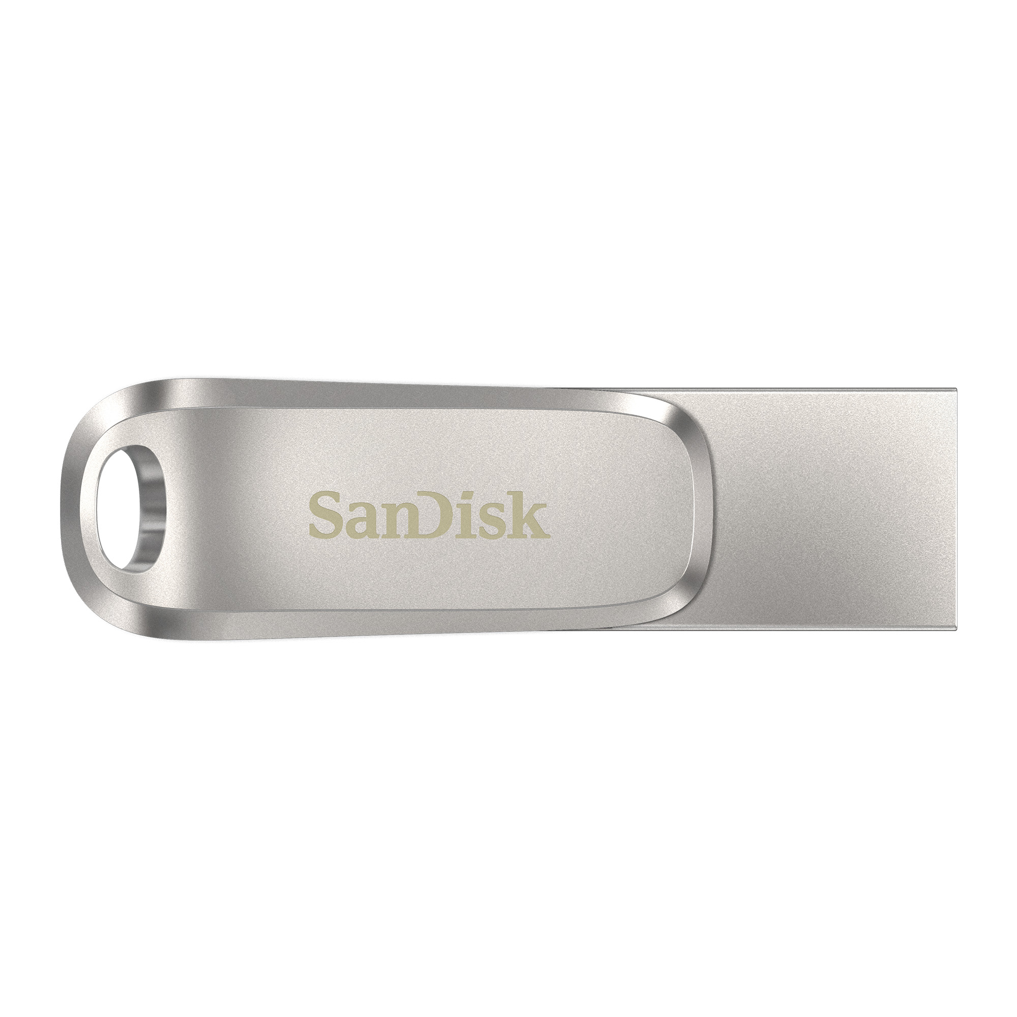 Beyaz bir yüzey üzerinde yatay, izole edilmiş, gümüş bir Sandisk USB flash sürücü.
