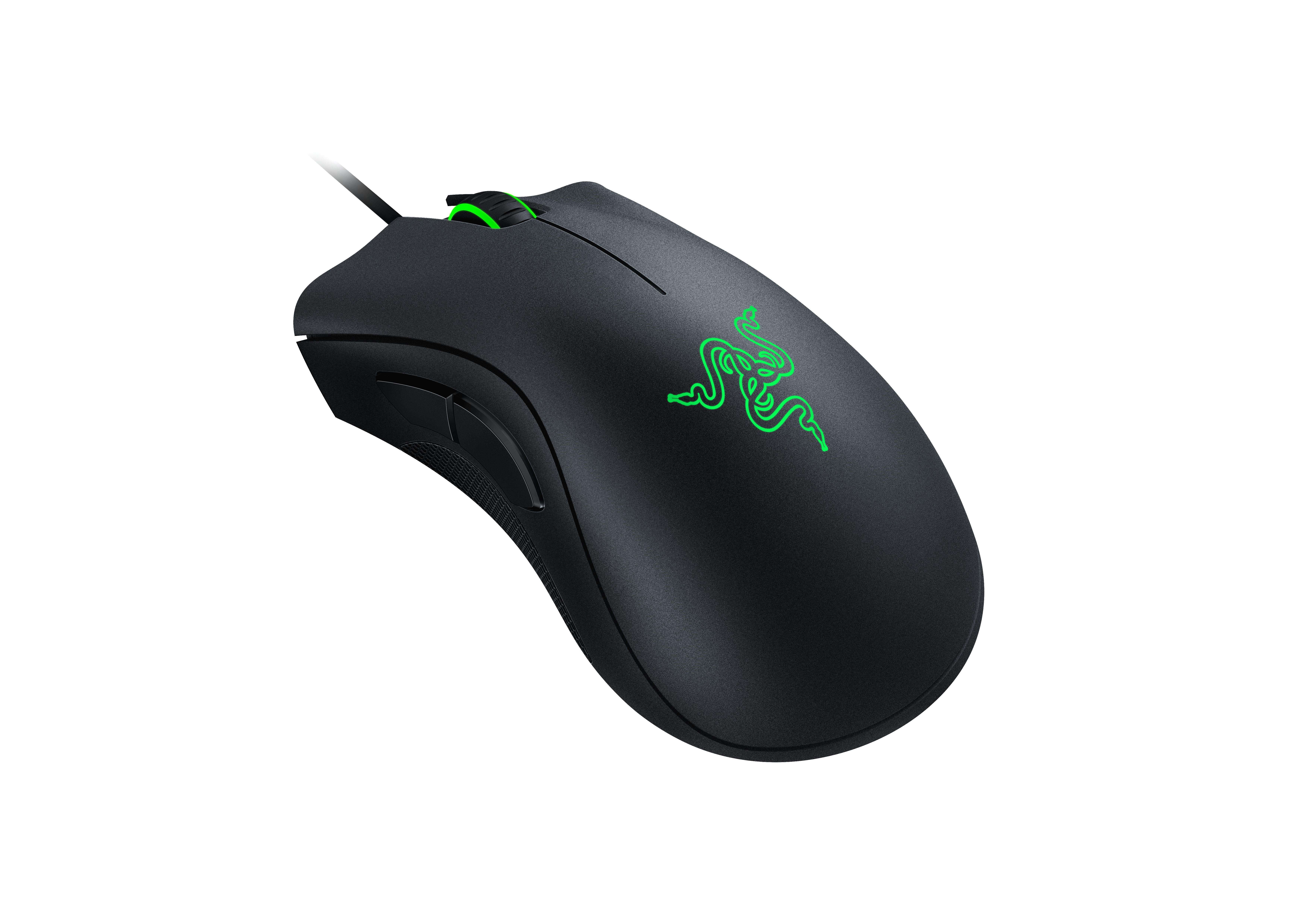 Schwarze Razer Gaming-Maus mit grünem Logo und Scrollrad auf weißem Hintergrund.