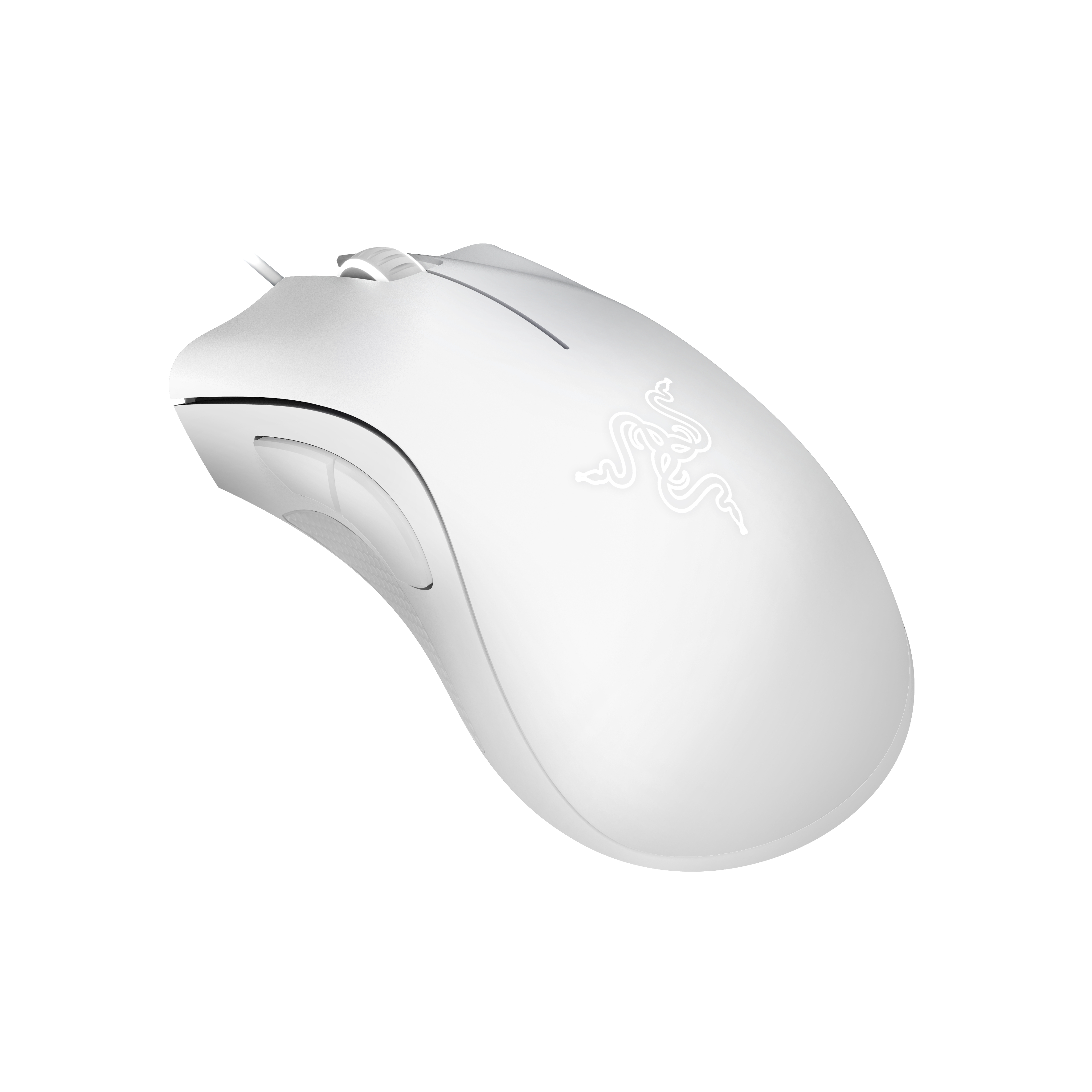 Weiße Razer Gaming-Maus mit Razer-Logo, isoliert auf weißem Hintergrund.