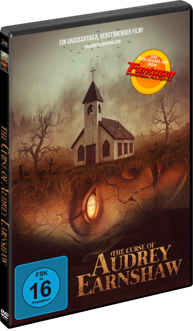 DVD-Cover eines Horrorfilms mit Kirche, Gesicht im Boden und Text.