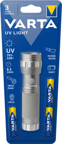 Varta UV Taschenlampe mit 3 Jahren Garantie und 2 AA Batterien.