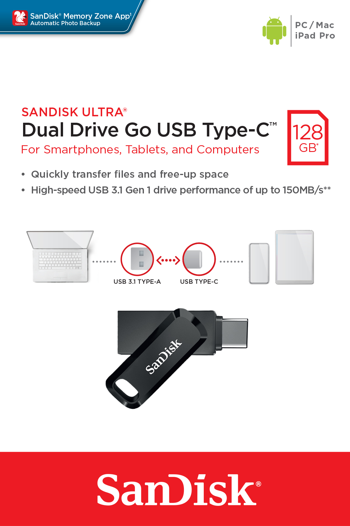 Bir USB sürücünün beyaz ve kırmızı ambalajı. Ambalaj üzerindeki metin.