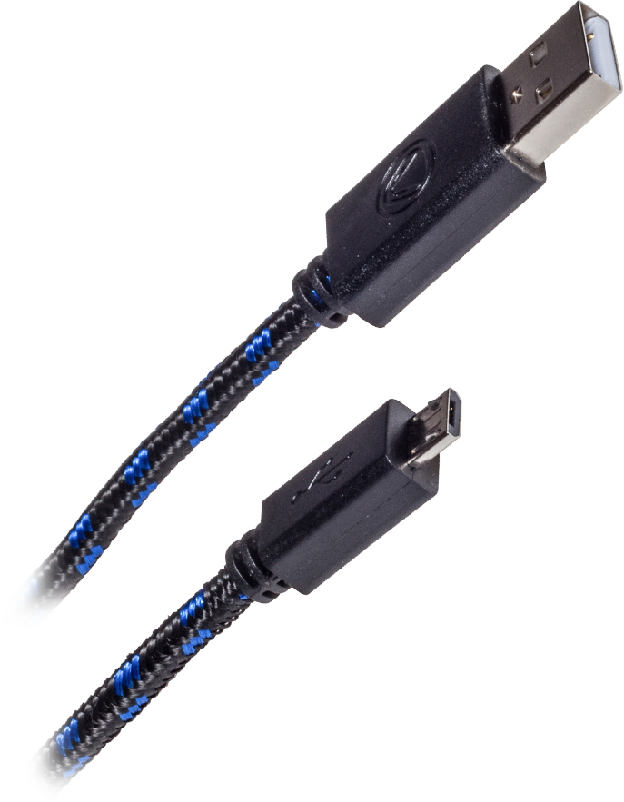 Fekete-kék USB kábel csatlakozókkal mindkét végén, fekete háttér előtt.