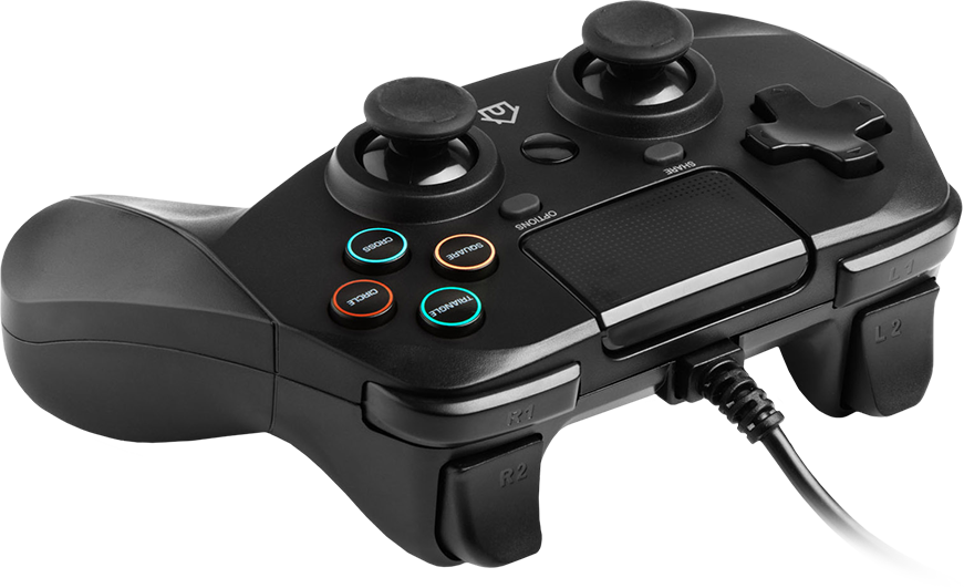 Fekete játékvezérlő gombokkal, joystickokkal és D-paddal. Színes gombok és egy kábel található rajta.