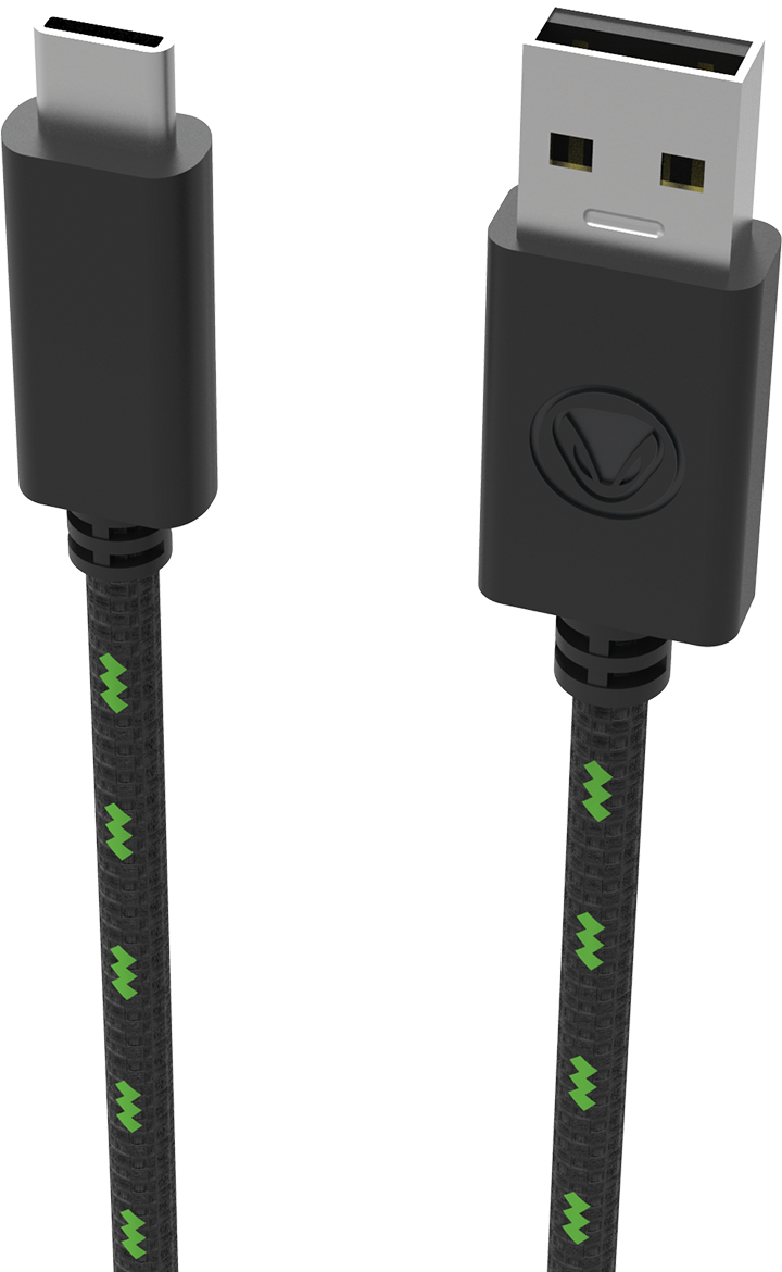 Fekete USB-C-USB-A kábel, zöld cikk-cakk mintával. Az egyik vége USB-C, a másik USB-A.