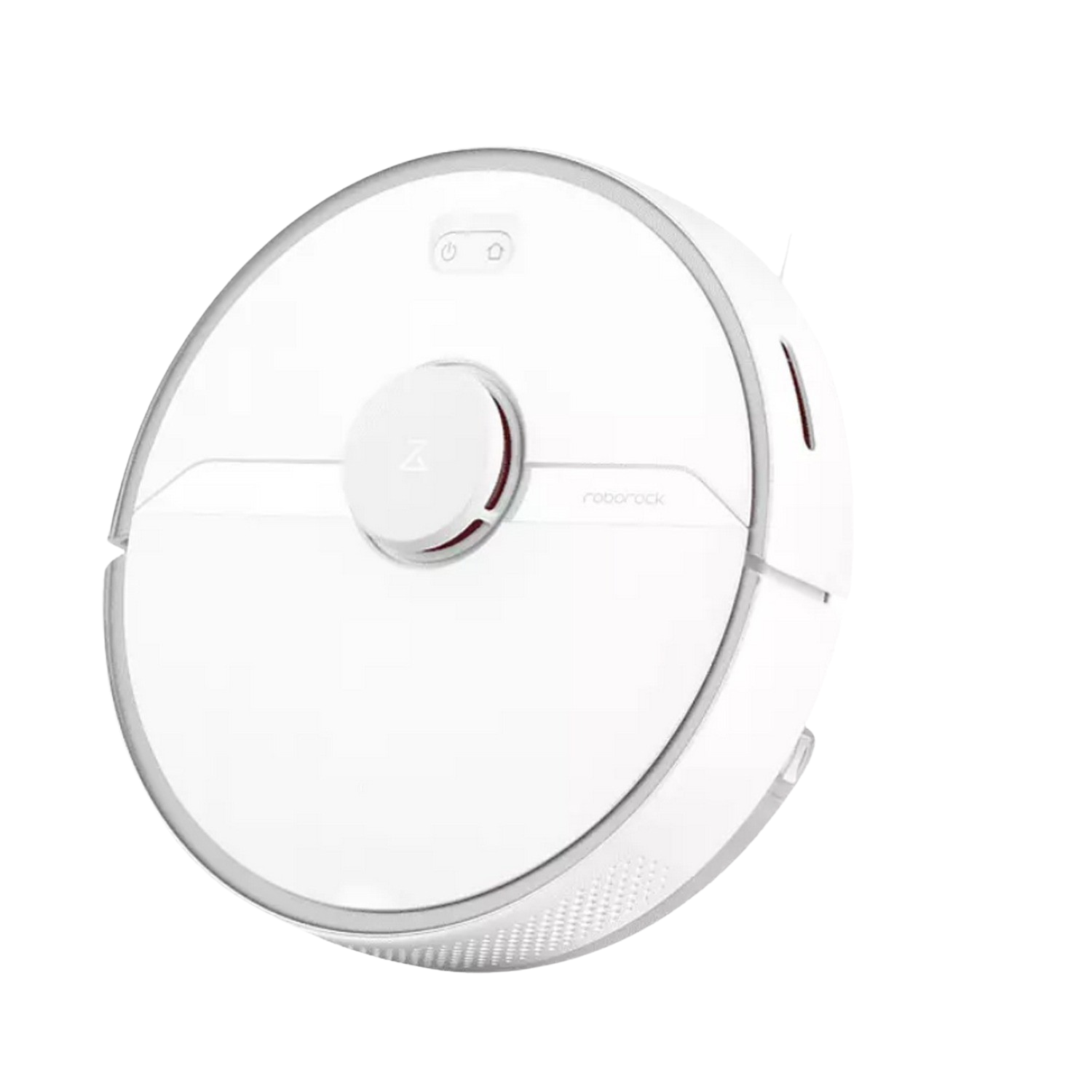 Aspiradora robot Roborock blanca con diseño circular. Vista superior, con algunos botones.