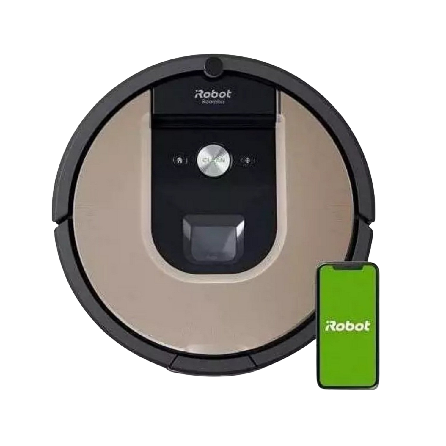 Aspiradora robot, forma redonda, botones, teléfono, fondo negro.