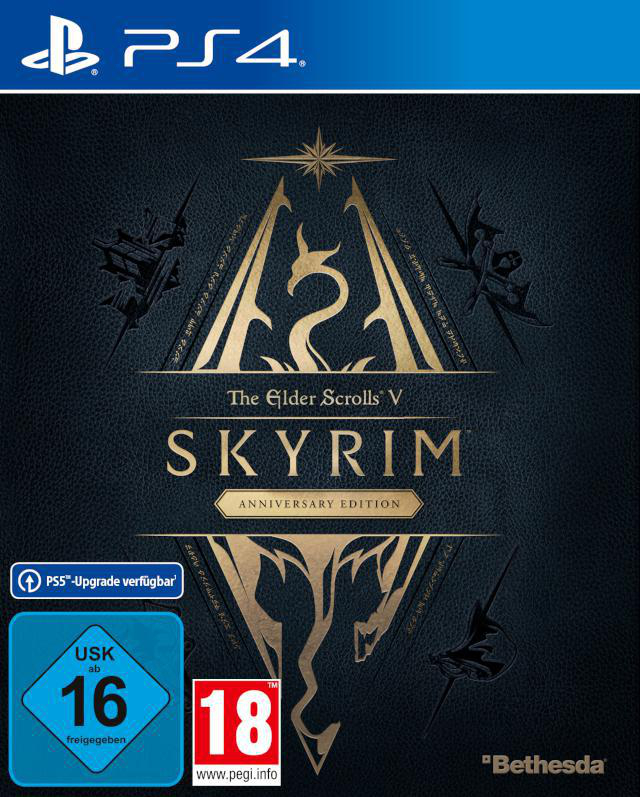 Eine PS4-Spielbox für 'The Elder Scrolls V: Skyrim' mit Spieletitel, Logo und 'Anniversary Edition'.