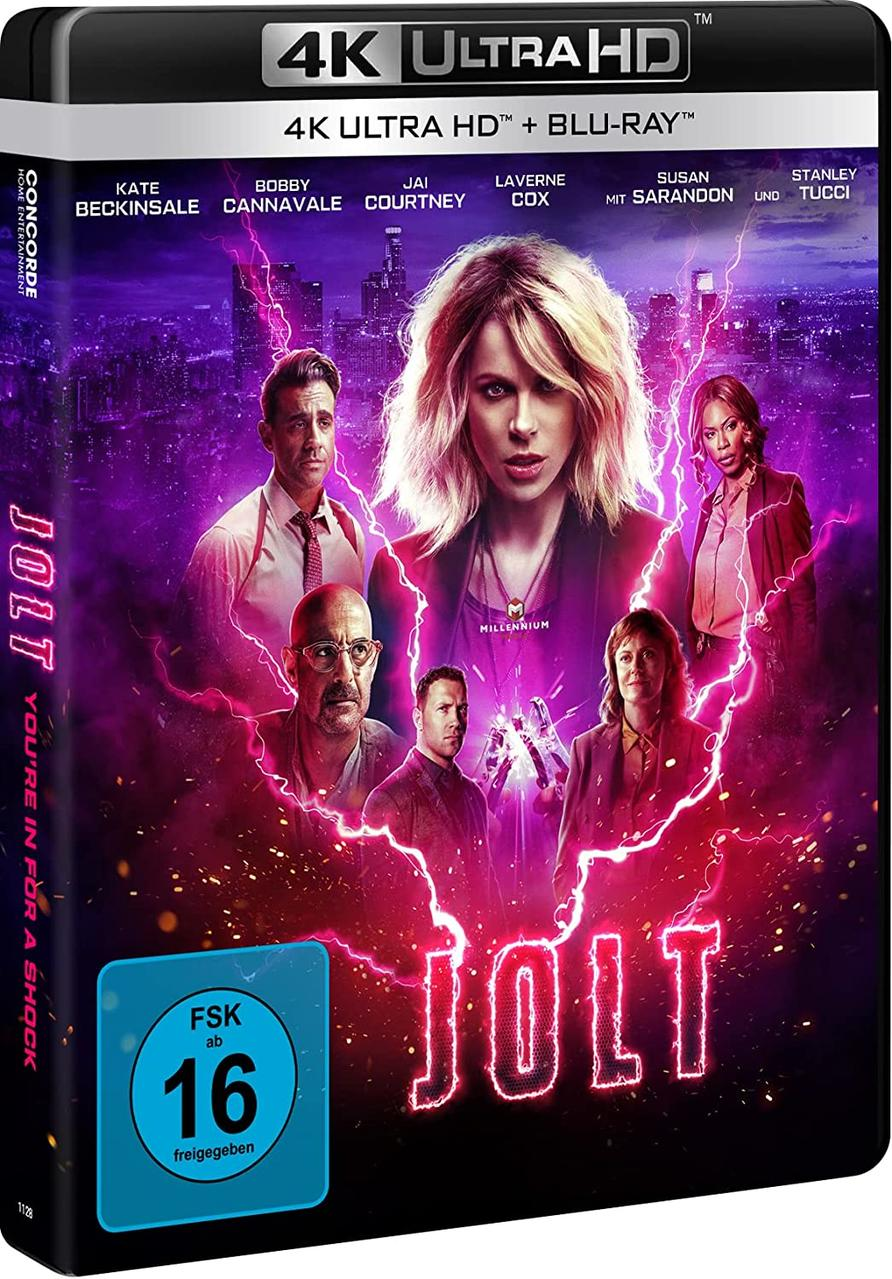 Filmposter für 'Jolt' mit Schauspielern, Stadtkulisse und Filmtitel.