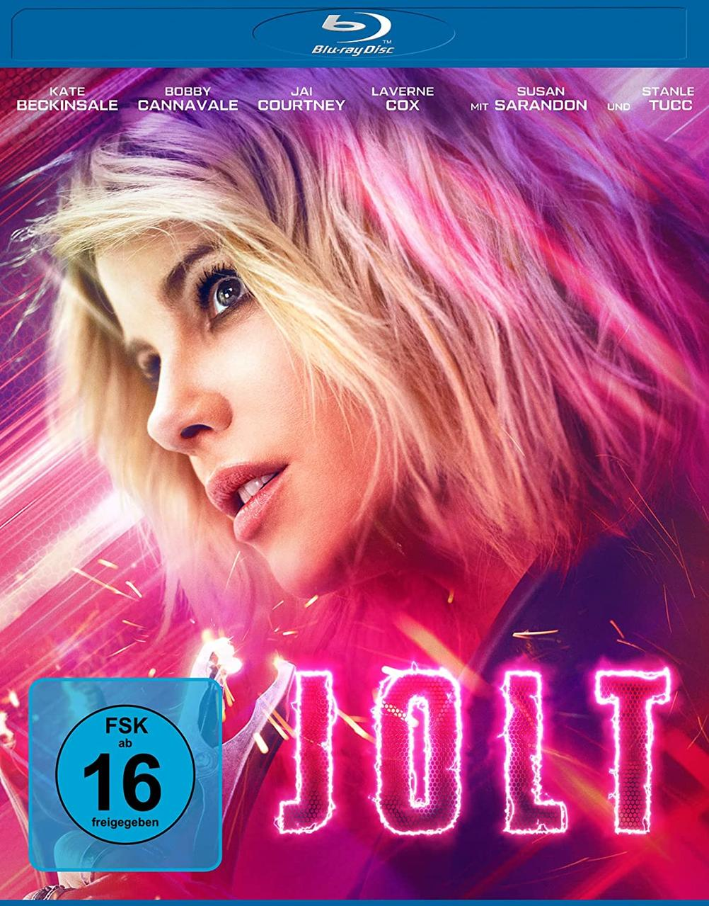 Blu-ray-Cover des Films "Jolt" mit einem Frauengesicht und einem rosa Hintergrund.