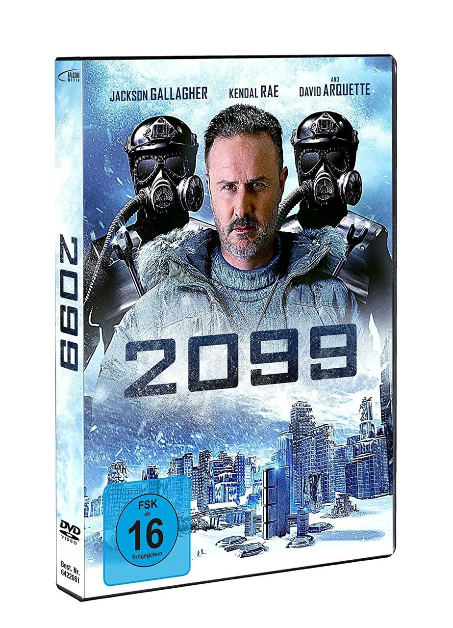 DVD-Cover des Films „2099“. Drei Personen mit Gasmasken, futuristische Stadt im Hintergrund.