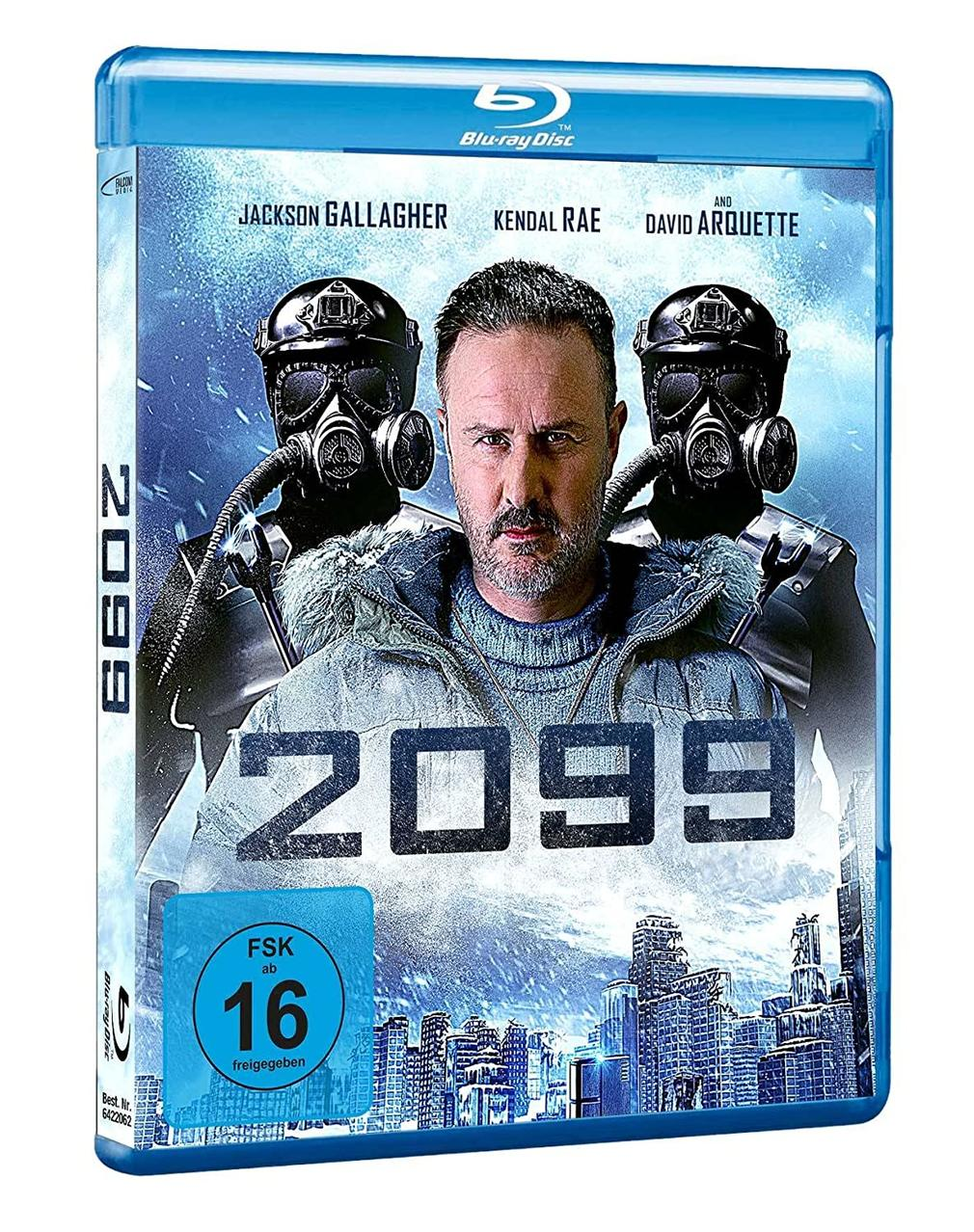 Blu-ray-Cover für den Film '2099', mit drei Figuren mit Gasmasken.