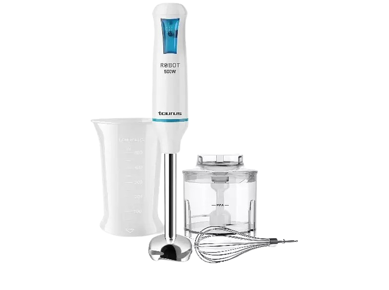 Batidora de mano - Taurus Robot 500 Plus Inox, 500 W, Cuchilla de acero inoxidable, Accesorios, Blanco