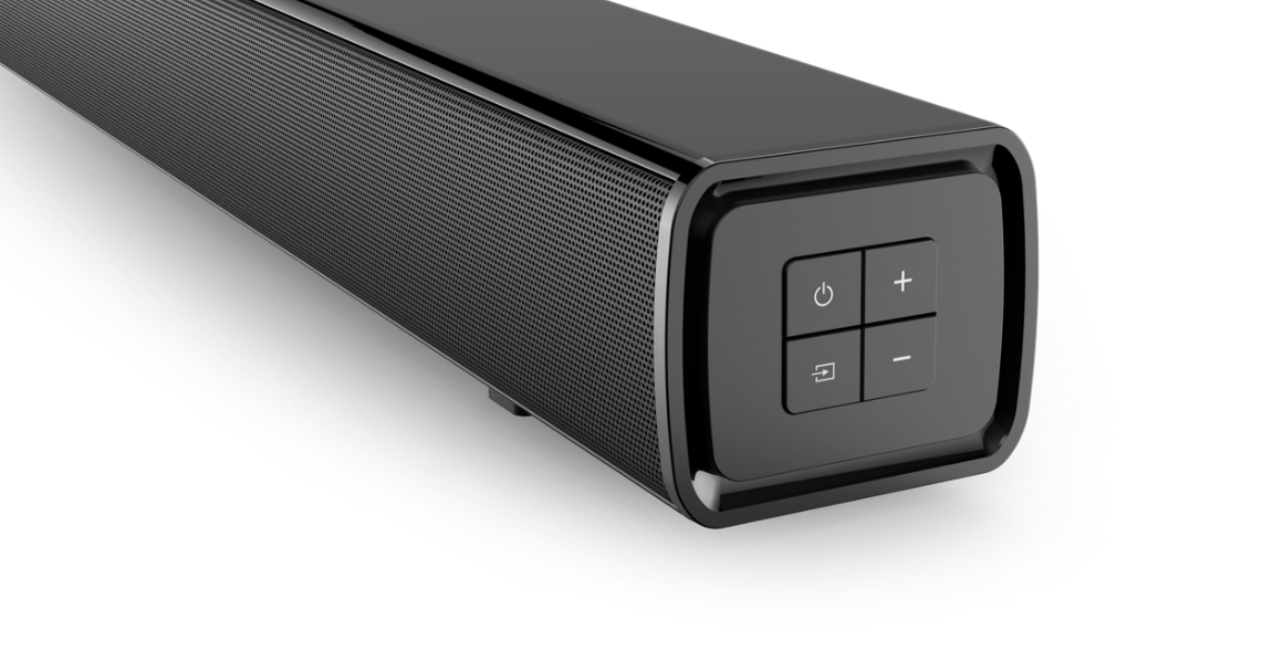 Egy fekete soundbar vezérlőgombokkal jobbra. Fekete hálós előlapja van.