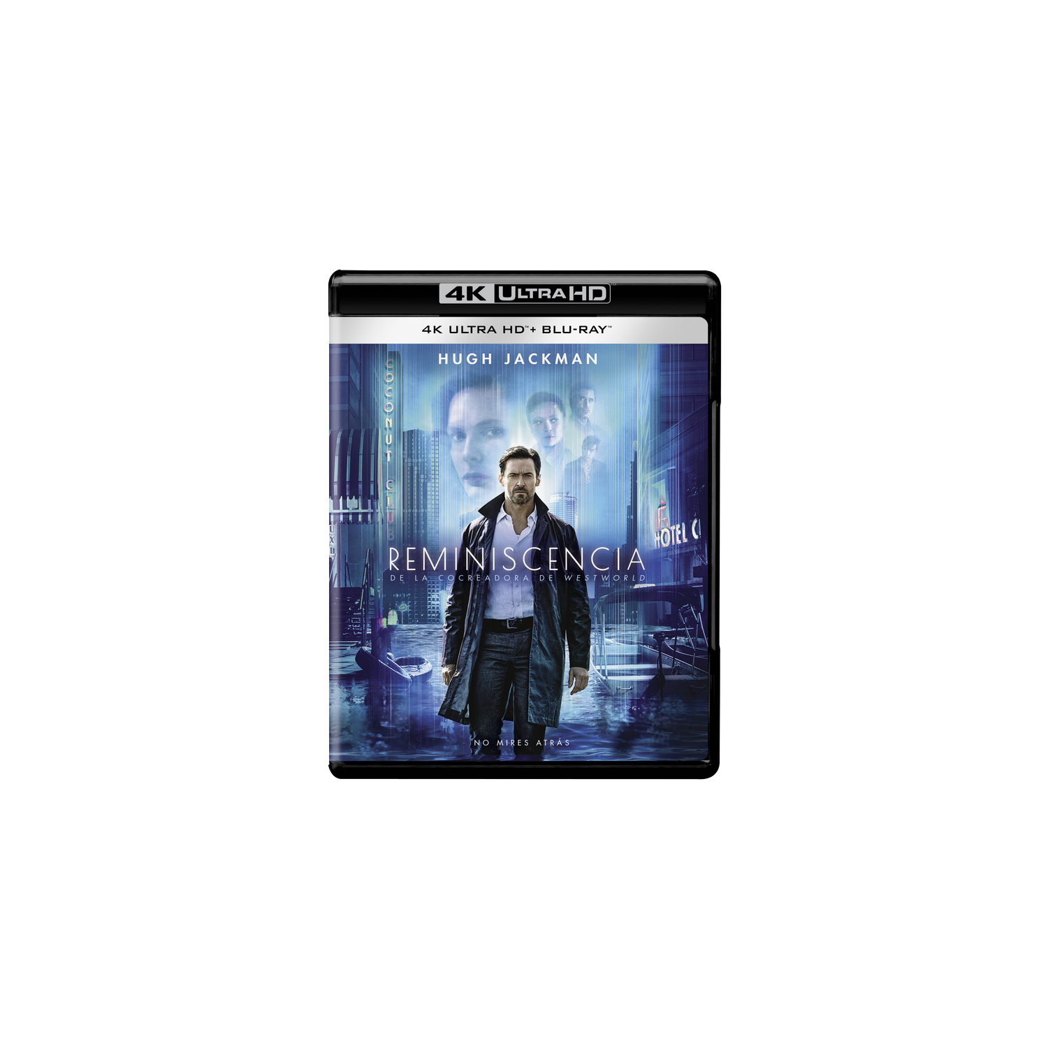 Portada de la película Reminiscencia. Está Hugh Jackman. Se muestra 4K Ultra HD y Blu-ray.